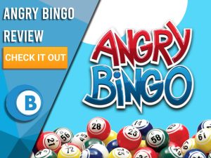 Light Blue background with bingo balls and Angry Bingo logo. Blue/white square with text "Angry Bingo Review", CTA below and Boomtown Bingo logo.