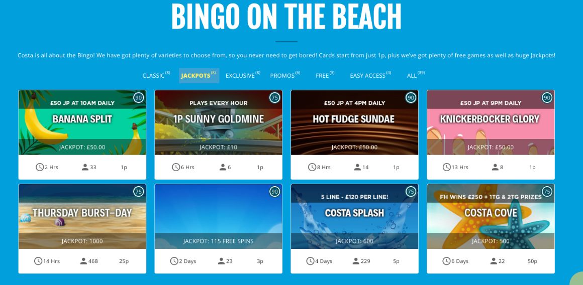 Costa Bingo Progressive Jackpots