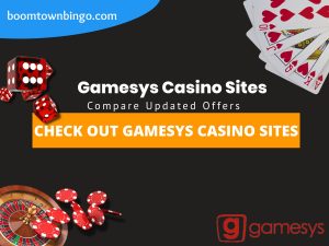 A Black background with a white circle with 50% opacity covering half of the background. A blue oval can be seen in the top left with "boomtownbingo.com" inside of it. Two lines of text in white writing are displayed in the middle, with an orange box with one line of white text within it. A roulette table can be seen in the bottom left, with casino chips coming out of it. In the opposite corner, 5 cards can be seen spread out, going from 10, J, Q, K, Ace, all in the heart suit (top right). In the middle right, 3 casino dice can be seen being rolled onto the orange box, being red and white in colour. Also, in the bottom right, the Cozy Games logo can be seen.