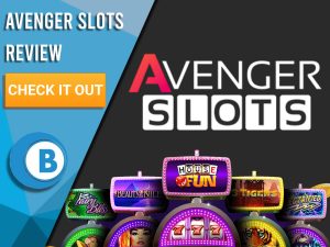 Black background with slot machines and Avenger Slots logo. Blue/white square to left with text "Avenger Slots Review", CTA below and Boomtown Bingo logo.